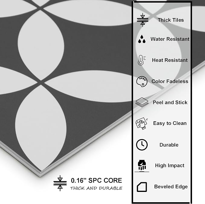 16-Sheet Peel and Stick Floor and Wall Tile for Bathroom Kitchen Shower, 9" x 9" Gray Coin SPC Self-Adhesive Vinyl Flooring, Patterned Groutable Backsplash Tile, Cover 9.12 Sq Ft.