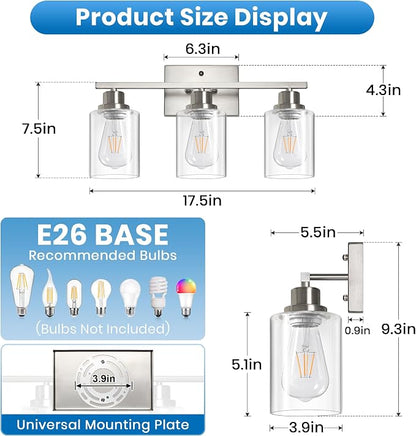 Ascher 3 Light Bathroom Light Fixture, Brushed Nickel Bathroom Lighting Fixtures Over Mirror, Vanity Light with Clear Glass Shade, Wall Sconce for Living Room Bedroom Cabinet, E26 Base