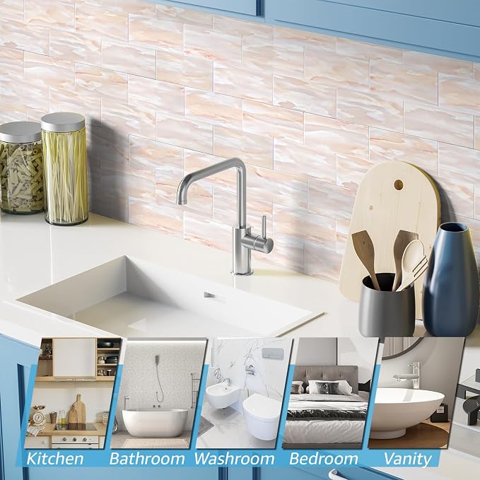 Art3d 102-Pack Peel and Stick Backsplash on Subway Tile, Yellow Jasper | 3 x 6 in, PVC, Self Adhesive, Waterproof, Traceless Peel, Modular Splicing, Ideal for Vanities, Bathrooms