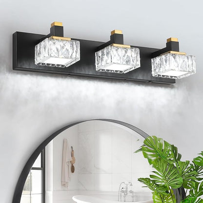 Bathroom Vanity Lights Over Mirror,3-Light Dimmable 5CCT Led Vanity Lights Black Gold Crystal Wall Sconce Lighting 22.05 inches Modern Vanity Light for Bathroom,Bedroom,Living room.(3000K-6000K）