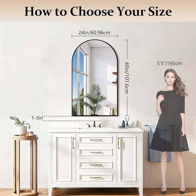 COFENY Arched Mirror, 24’’x40’’ Black Arch Mirror for Bathroom, Arched Bathroom Mirror with Frame, Modern Wall Mounted Mirror for Over Sink Mantle Bedroom Vanity Living Room Entryway