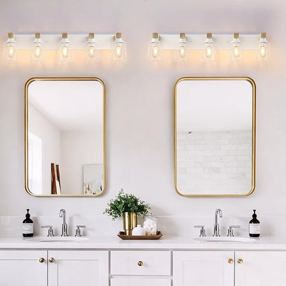 Farmhouse 5-Light Wood Bathroom Vanity Light, White Metal Cage Shade | Mounted Over Mirror, Industrial Rustic Style, Ideal for Bathroom, Bedroom, Hallway & Living Room, Easy To Install