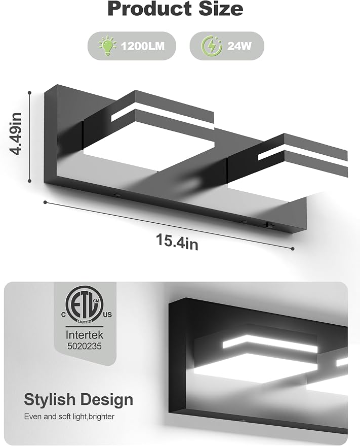 VOLISUN Modern Bathroom Vanity Light Fixtures (2-Light, 15.5-Inch), Matte Black LED Bathroom Lighting Fixtures Over Mirror, 360°Rotatable Head, LED Vanity Lights for Bathroom (Cool White 6000K)