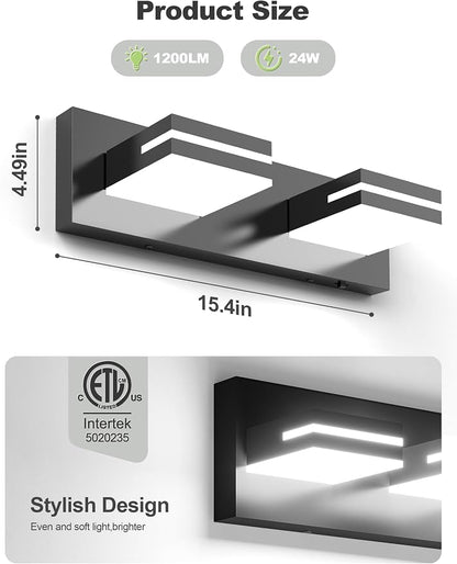 VOLISUN Modern Bathroom Vanity Light Fixtures (2-Light, 15.5-Inch), Matte Black LED Bathroom Lighting Fixtures Over Mirror, 360°Rotatable Head, LED Vanity Lights for Bathroom (Cool White 6000K)