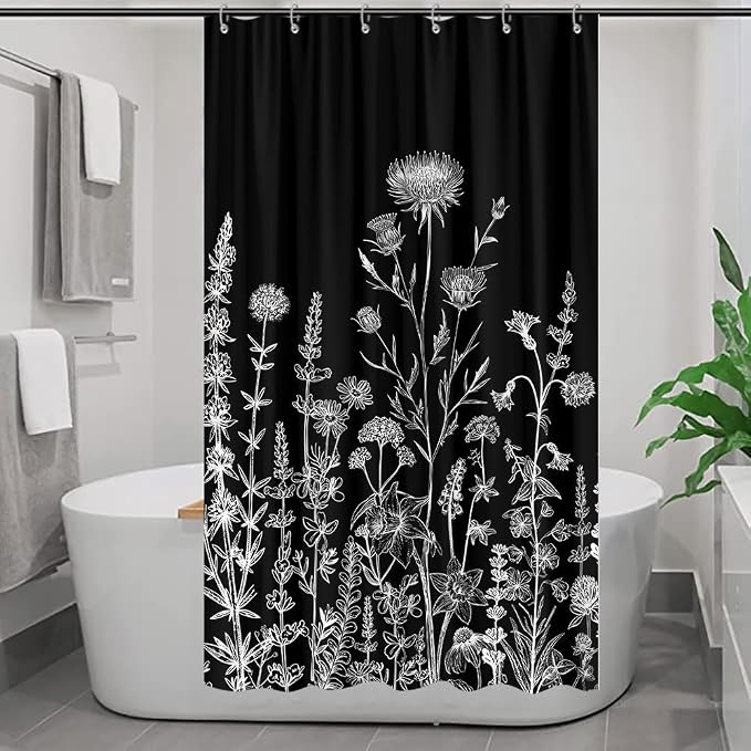Vintage Black and White Boho Shower Curtain, Black and White Dark Floral Aesthetic Dark Wildflower Botanical Flowers Shower Curtain for Bathroom with Hook,Farmhouse Plant Art Chic Shower Curtain 36X72