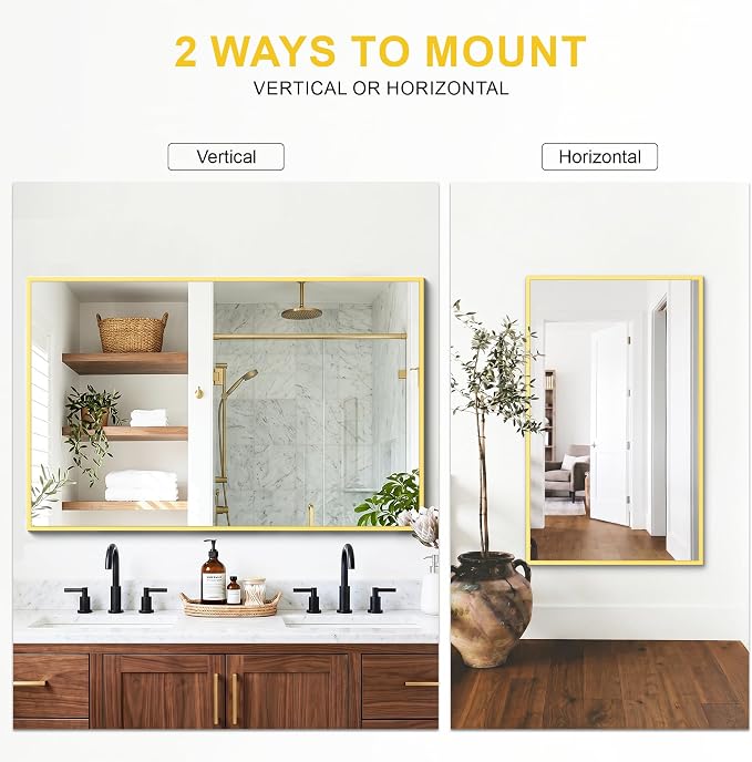 Bathroom Mirror for Wall, 48"x30" Gold Vanity Mirror | Sturdy Rectangular Metal Frame, HD Tempered Glass, Hangs Horizontally or Vertically in Bedroom, Living Room, Entryway