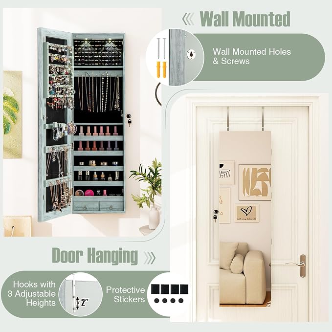 LDAILY Moccha Wall Door Jewelry Armoire, 47.5" H Full Length Mirrored Jewelry Cabinet with 2 LED Lights and 2 Drawers, Lockable Jewelry Cabinet, Jewelry Organizer Storage for Bedroom (Weathered Blue)