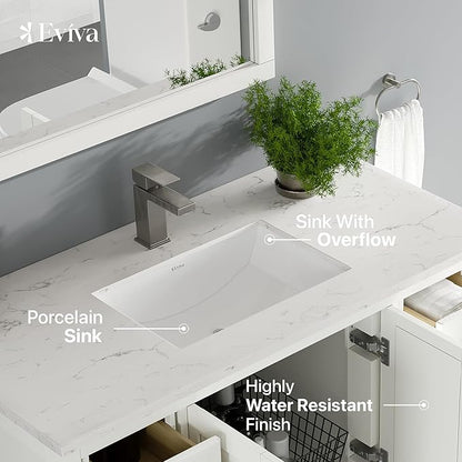 Eviva London 42 Inch Vanity with Top – Bath Vanity with Sink and Countertop, White Bathroom Sink Cabinet with Quartz Countertop and Porcelain Single Sink for Modern Bathrooms