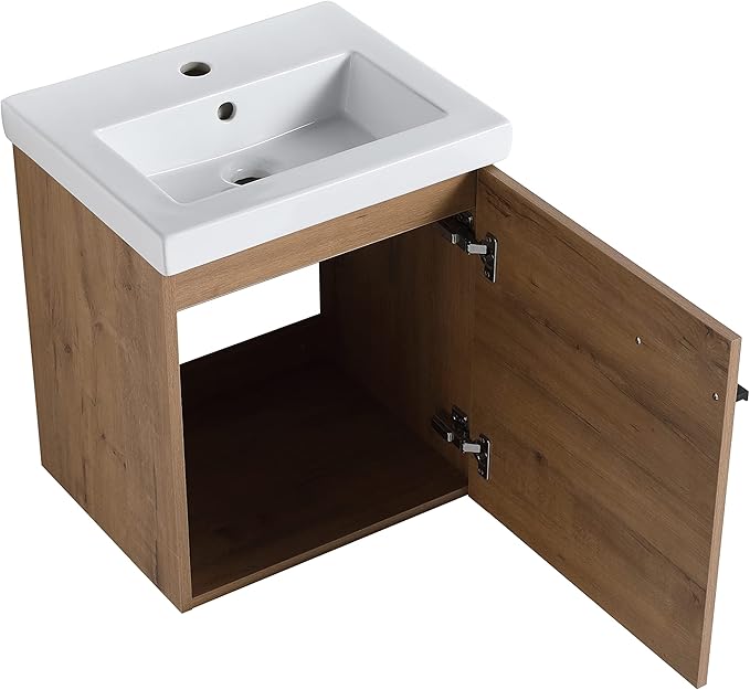 18" Floating Bathroom Vanity with Sink, Mordern Brown Vanity Combo for Small Bathroom, Single Bath Wall Mounted Cabinet Side for Narrow Space, 1 Door and 1 Ceramics Basin. (017-Imitative Oak, 18*15)