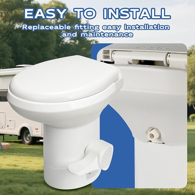 Gravity Flush RV Toilet, White, ABS Plastic with Foot Pedal Flush Mechanism, Standard Height, RV-Specific Model