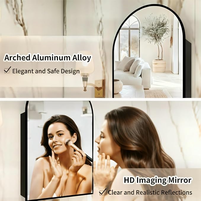 FKWin Medicine Cabinet Mirror, Surface Mount for Small Bathroom, 20x32 Inch | Mirror Medicine Cabinet, Large Storage, Adjustable Shelves, Reversible Door, Space-Saving Design for Small Bathroom, Black