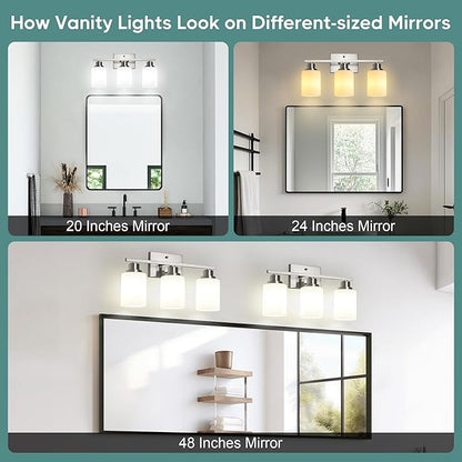 Ascher Bathroom Light Fixtures, 3-Light Vanity Light Over Mirror, Brushed Nickel Wall Sconces with Milky White Frosted Glass Shades, Wall Lamp for Living Room Bedroom, E26 Base(Bulbs Not Included)