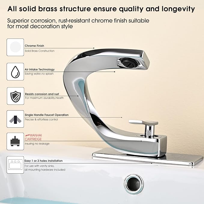 Single Hole Bathroom Sink Faucets,Brass Vainty Faucet Chrome Finish | Lead-Free, Single Handle Faucet for Sink, Vanity, RV, Lavatory, Suitable for 1 or 3 Holes Faucet