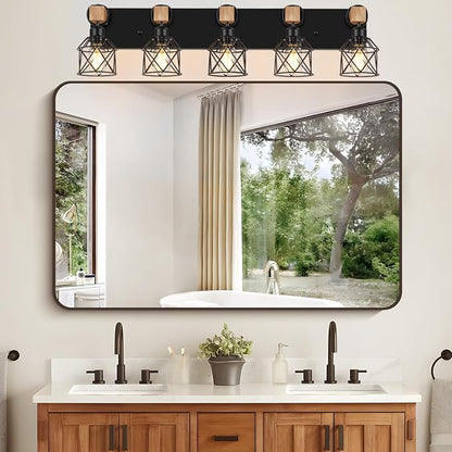 FadimiKoo 5-Light Black Bathroom Light Fixtures, Vanity Lighting Fixtures | Rustic Wood & Black Metal Shade, Wood Bathroom Lighting Fixtures Over Mirror, Wall Sconces for Bathroom Bedroom Living Room