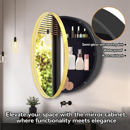 24 in Round Gold Medicine Cabinet with Mirror,Modern Bathroom Medicine Cabinet for Wall Metal Framed, Surface Mount Only Circular Storage Cabinet Shatterproof with Vanity Mirror