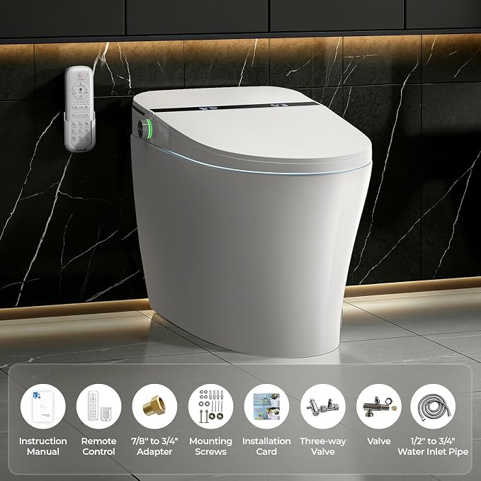 Smart Toilet With Built-in Tank Bidet, Heated Seat & Foot Sensor, Tankless Modern Elongated Electric Toilet with Warm Water Wash, Air Dryer, LED Display & 1.28 GPF