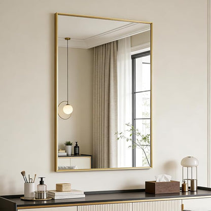 Bathroom Mirror for Wall, 36x24 Inch Framed Vanity Mirror Brushed Gold | Rectanglar Metal Beveld Framed Mirror for Over Sink, Tempered Glass, Anti-Rust, Hangs Horizontally or Vertically