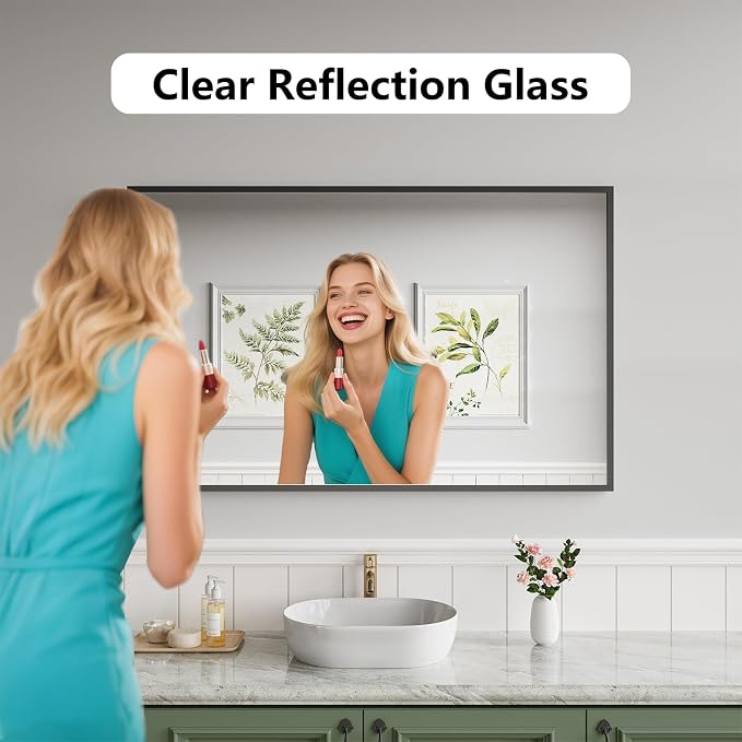 Koonmi Bathroom Mirror for Wall, 30"x48" Black Bathroom Mirror for Over Sink, Shatterproof Tempered Glass Vanity Mirror with Anti-Rust Aluminum Alloy Frame, Hang Horizontally or Vertically
