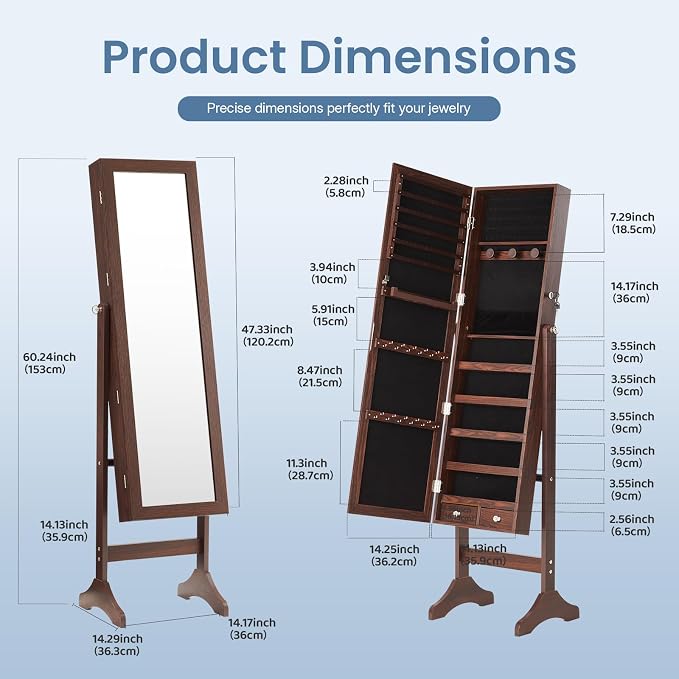 DUMOS Freestanding Jewelry Organizer Cabinet with Full Length Mirror | Standing Jewelry Armoire, Lockable, 47.3" Mirror with Storage, 2 Drawers, 3 Adjustable Angles (13°/23°/30°), Rustic Brown