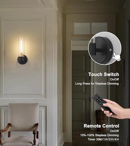 Battery Operated Wall Sconce Set of 2, Wireless Wall Lights with Remote Control, Rechargeable Dimmable Wall Lamps for Bedroom Bathroom Living Room Hallway Decor Stairwell, Black & Gold, 3000K