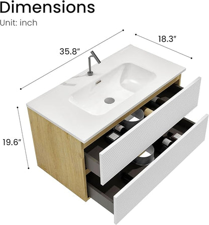 36″ Natural Wood & White Floating Bathroom Vanity with Sink, Modern Bathroom Cabinet with Soft Close & Large Storage Drawers, for Bath, Apartment, Hotel, Fully Assembled