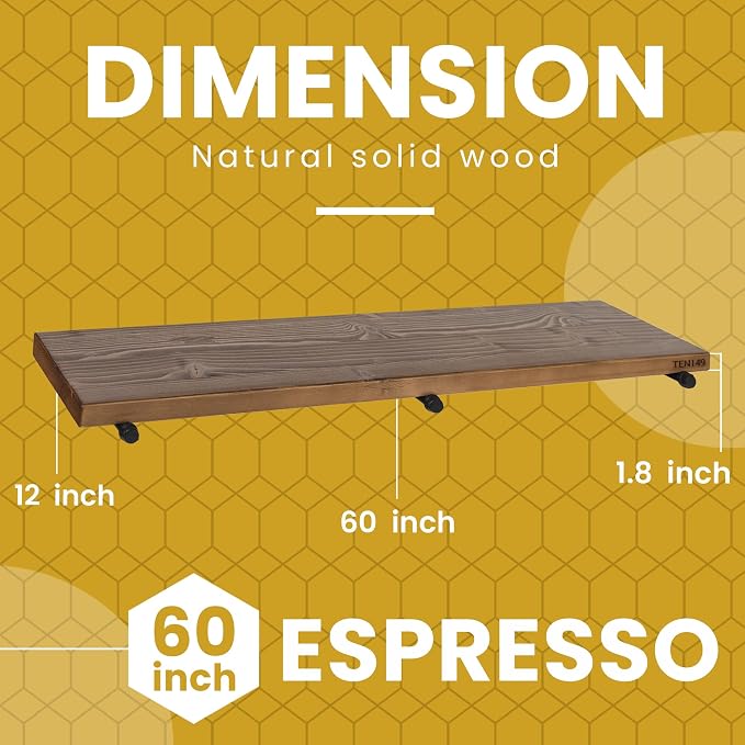TEN49 Real Wood Rustic Floating Shelves Wall - 60 Wide Small Wooden Industrial Pipe Shelving 1.8 Thick - Farmhouse Pipe Wall Shelves Furniture Bathroom Decor Art Shelf - Dark Espresso Color - Set of 2