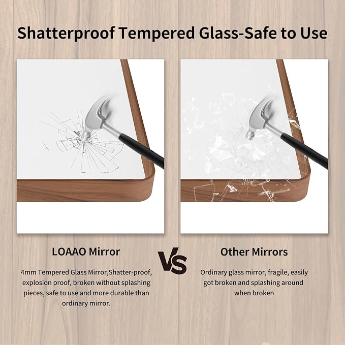 LOAAO 30X36 Inch Bathroom Mirror with Wood Grain Colored Metal Frame | Rounded Rectangle Metal Framed, Anti-Rust, Hangs Horizontally or Vertically, Tempered Glass