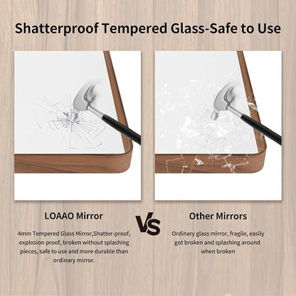 LOAAO 30X36 Inch Bathroom Mirror with Wood Grain Colored Metal Frame | Rounded Rectangle Metal Framed, Anti-Rust, Hangs Horizontally or Vertically, Tempered Glass