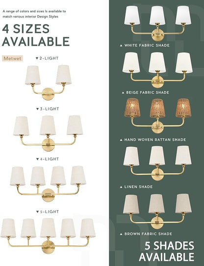 4-Light Brushed Gold Bathroom Vanity Light with Linen Fabric Shade | 28 Inch gold bathroom light fixture over mirror, UL listed, E26 bulbs, hardwired, upward only, VL837-BG-A-4