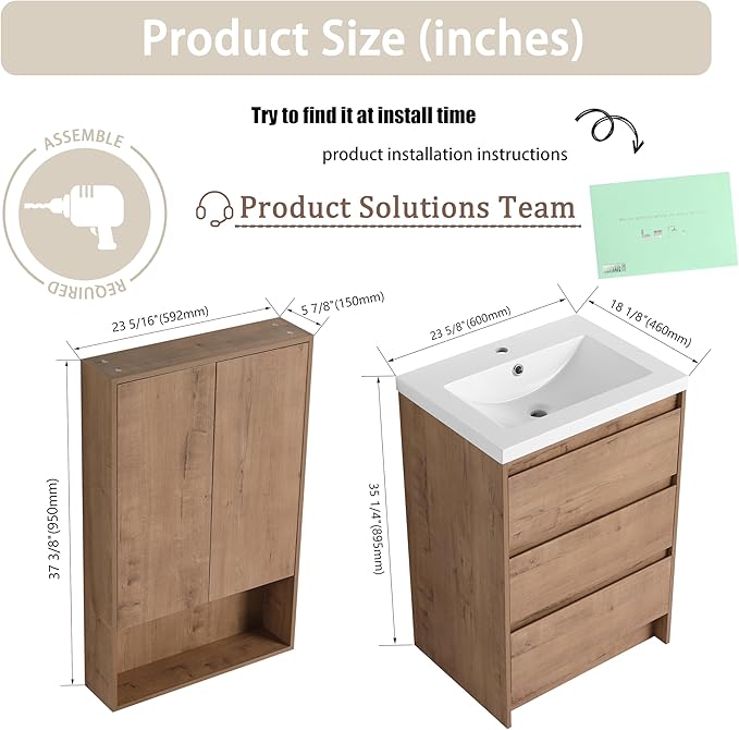 48" Bathroom Vanity Set, 48 Inch Modern Freestanding Vanity with Wall-Mounted Side Cabinet and 6 Drawers, Soft Closing Doors, Single Resin Sink Floor Stand Cabinet Set Imitative Oak