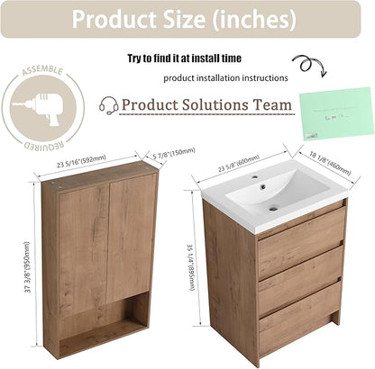 48" Bathroom Vanity Set, 48 Inch Modern Freestanding Vanity with Wall-Mounted Side Cabinet and 6 Drawers, Soft Closing Doors, Single Resin Sink Floor Stand Cabinet Set Imitative Oak