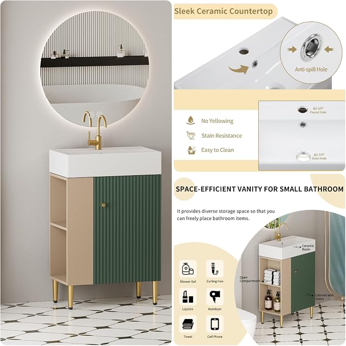 21.6" Freestanding Bathroom Vanity with Ceramic Sink, Green | Ceramic Sink, Wave-Pattern Door & Two-Layer Left Open Compartment, Bathroom Storage Cabinet, Easy Installation