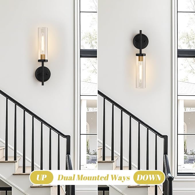 Hardwired Wall Sconces Set of Two, Black and Gold Bathroom Sconces with Clear Glass, Modern Wall Light Fixtures for Bathroom Mirror Vanity, Living Room, Bedroom, Hallway, Stairway, Cabinet, Foyer