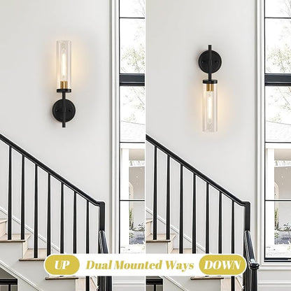 Hardwired Wall Sconces Set of Two, Black and Gold Bathroom Sconces with Clear Glass, Modern Wall Light Fixtures for Bathroom Mirror Vanity, Living Room, Bedroom, Hallway, Stairway, Cabinet, Foyer