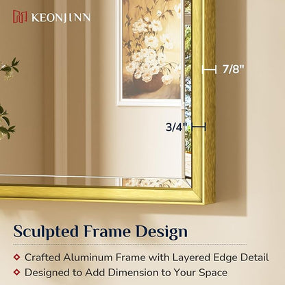 Keonjinn 48" x 24" Brushed Gold Framed Mirror for Bathroom, Tempered Glass | Aluminum Alloy, Effortless French Cleat Installation, Vertical/Horizontal, Rectangle Wall Mirror for Vanity, Hallway Decor