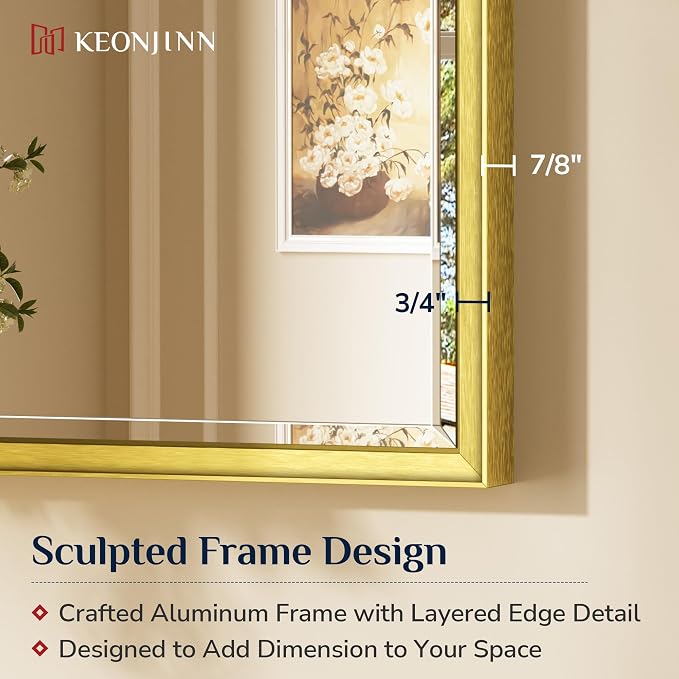 Keonjinn 48" x 36" Gold Bathroom Vanity Mirror, Safe HD Tempered Glass | Beveled Edge, Aluminum Alloy Framed, Secure French Cleat Installation, Modern Rectangle Wall-Mounted Mirror for Over Sink