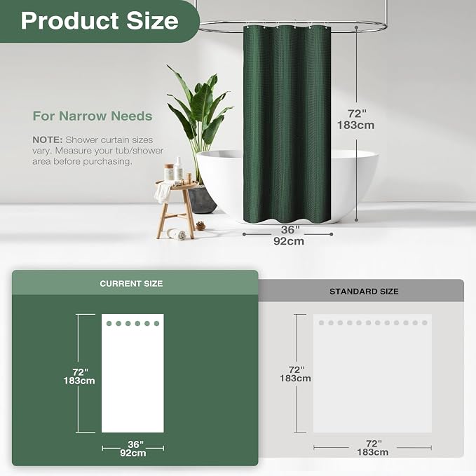 Stall Waffle Shower Curtain 256 GSM Heavy Fabric 36x72 Dark Green | Narrow Half Size, Thick Cloth, Weighted Hem, Water Repellent, Hotel Luxury Polyester Shower Curtain Set for Bathroom 6 Hooks