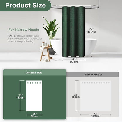 Stall Waffle Shower Curtain 256 GSM Heavy Fabric 36x72 Dark Green | Narrow Half Size, Thick Cloth, Weighted Hem, Water Repellent, Hotel Luxury Polyester Shower Curtain Set for Bathroom 6 Hooks