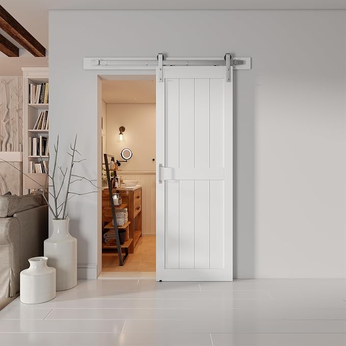 30''x84'' Sliding Barn Door with 5 Ft Brushed Nickel Hardware Kit | Pre-Drilled Holes Easy Assembly - Include Installation Manual, Water-Proof PVC Surface, H-Frame, White