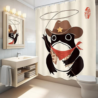 LGhtyro Funny Cowboy Frog Shower Curtain Bathroom Set 60Wx71H Inches Western Rodeo Animal Cute Hat Retro Asian Traditional Japanese Art Bath Accessories Black Beige Art Home Decor Fabric 12 Pack Hooks