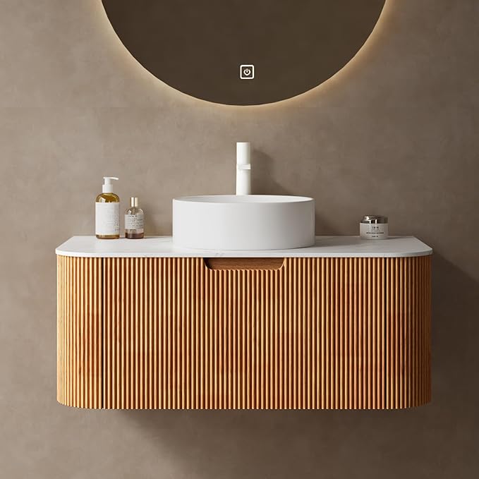 Yayzy 36" Floating Bathroom Vanity with Sink, Solid Wood Fluted Cabinet, White Round Ceramic Basin & Faux Marble Top, Soft-Close Drawer, Pre-Assembled, Natural Woodgrain