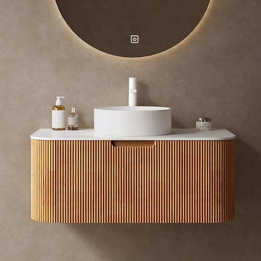 Yayzy 36" Floating Bathroom Vanity with Sink, Solid Wood Fluted Cabinet, White Round Ceramic Basin & Faux Marble Top, Soft-Close Drawer, Pre-Assembled, Natural Woodgrain