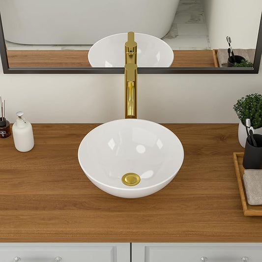 Logmey 13" Round Vessel Sink Small Bathroom Sink Modern White Vessel Sink for Bathroom RV Above Counter Porcelain Ceramic 13x13 inch Art Sink