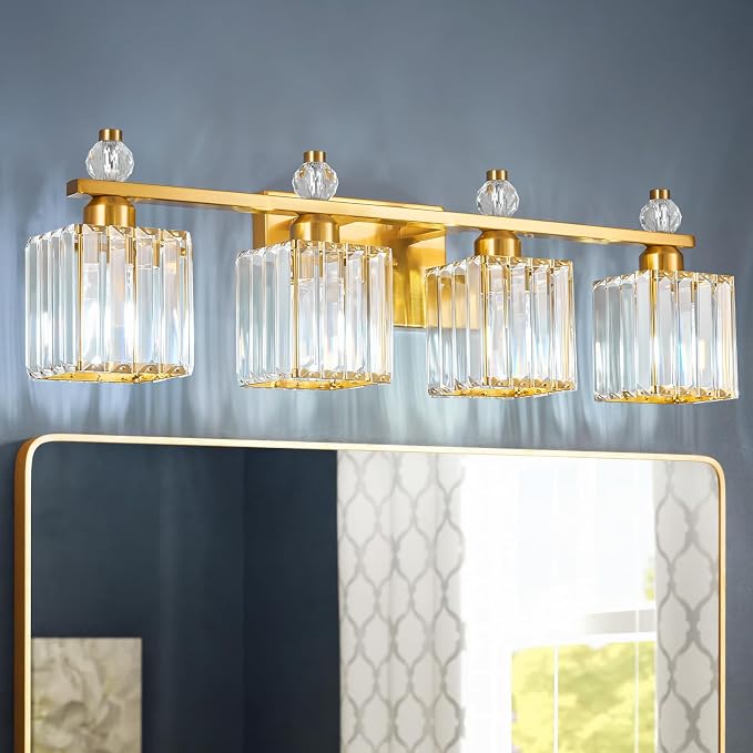 Vanity Lights 4-Light Modern Crystal Vanity Light Gold Bathroom Light Fixtures Over Mirror Crystal Bathroom Vanity Lighting Fixtures