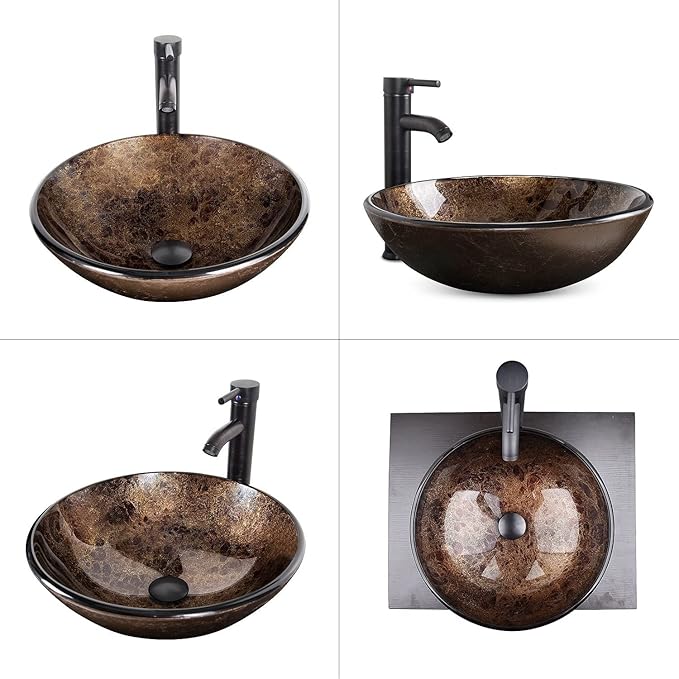 YOURLITE Bathroom Vessel Sink – Modern Tempered Glass Washing Bowl with Oil Rubbed Bronze Faucet and Pop Up Drain 16.5 Inch