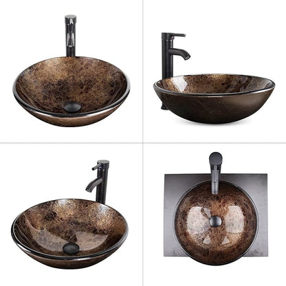 YOURLITE Bathroom Vessel Sink – Modern Tempered Glass Washing Bowl with Oil Rubbed Bronze Faucet and Pop Up Drain 16.5 Inch