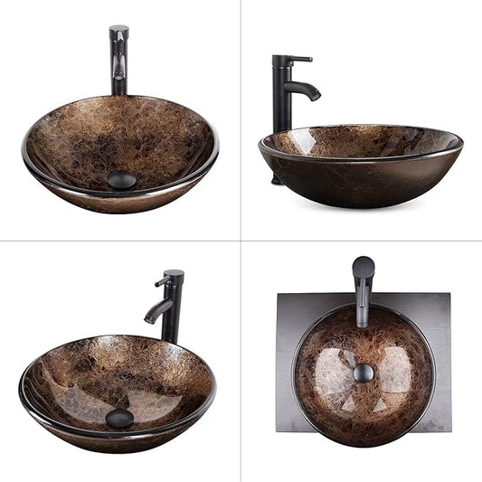 YOURLITE Bathroom Vessel Sink – Modern Tempered Glass Washing Bowl with Oil Rubbed Bronze Faucet and Pop Up Drain 16.5 Inch
