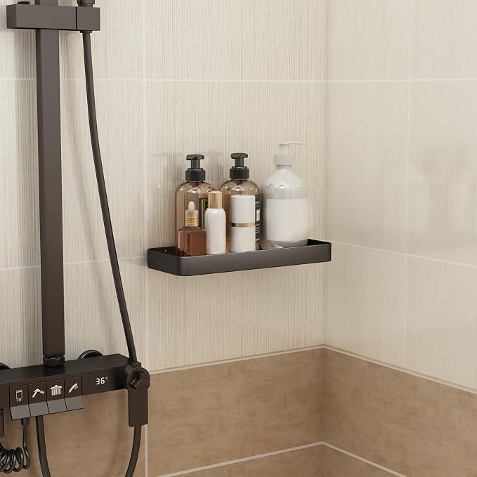 12-Inch Wall Shelf, Clear Tempered Glass with Matte Black Aluminum Frame – Versatile Floating Bathroom Organizer