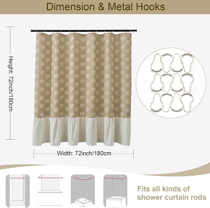 ORTIGIA Linen Textured Ruffle Shower Curtain with Metal Hooks, Brown Vintage Block Print Floral Boho Waterproof Bath Curtain for Rustic Farmhouse Bathroom Decor 72x72 Inch