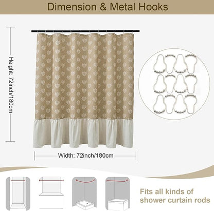 ORTIGIA Linen Textured Ruffle Shower Curtain with Metal Hooks, Brown Vintage Block Print Floral Boho Waterproof Bath Curtain for Rustic Farmhouse Bathroom Decor 72x72 Inch